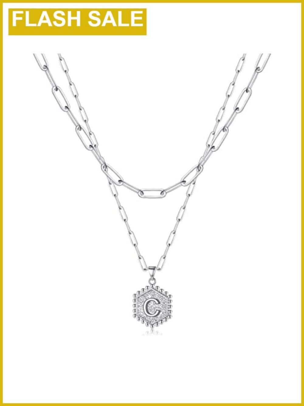 14K Gold Plated Layered Initial Necklace Hexagon Pendant